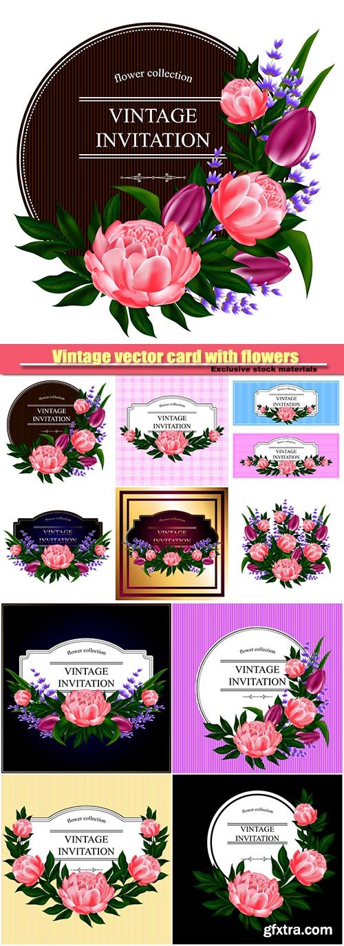 Vintage vector card with flowers, bouquet of roses, peonies, lavender