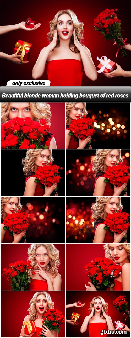 Beautiful blonde woman holding bouquet of red roses - 10 UHQ JPEG