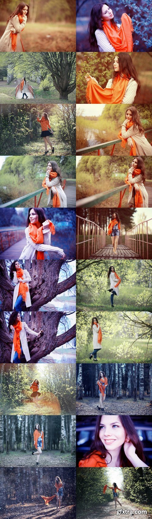 Young girl in an orange scarf on a walk in the park