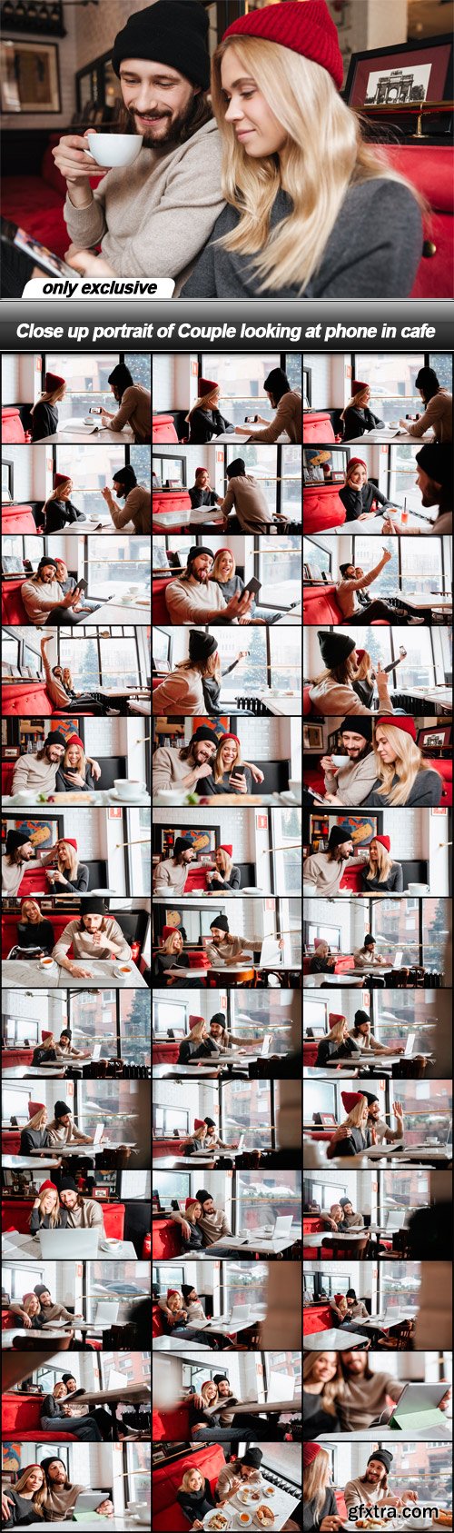 Close up portrait of Couple looking at phone in cafe - 39 EPS