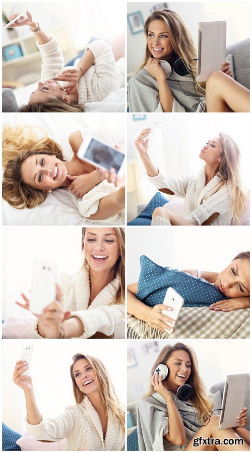 Happy woman taking selfie in bed 8X JPEG