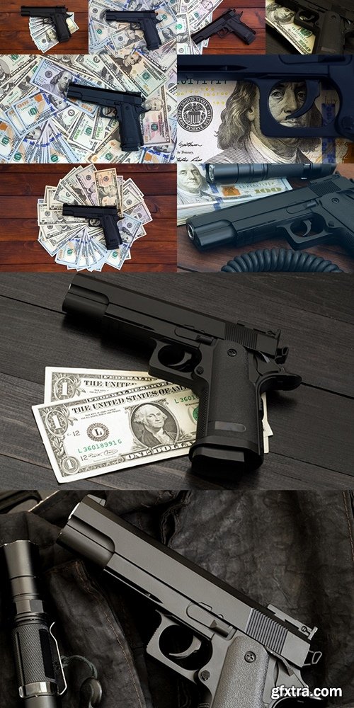 Black gun on banknotes. Concept of armed criminal offenses