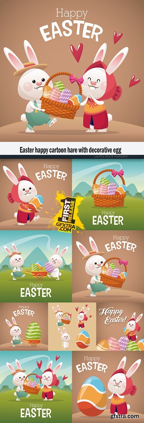 Easter happy cartoon hare with decorative egg