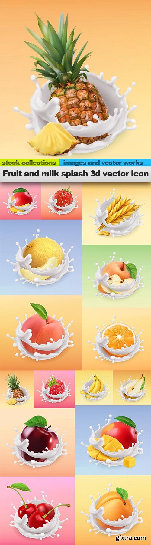 Fruit and milk splash 3d vector icon, 15 x EPS