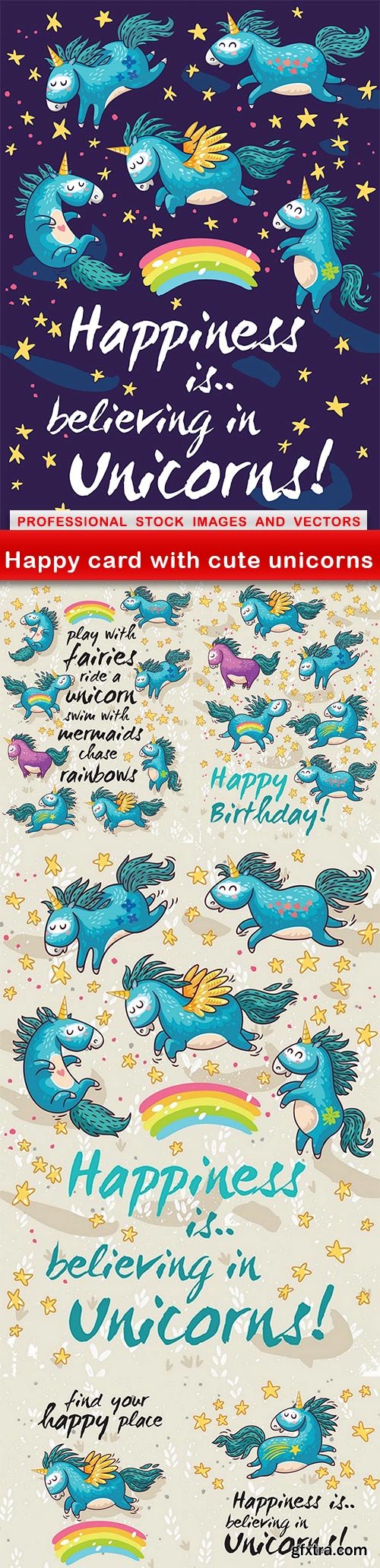 Happy card with cute unicorns - 6 EPS