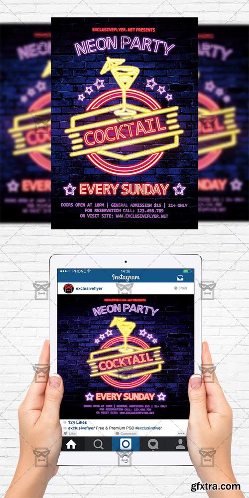 Neon Cocktail Party - Flyer Template + Instagram Size Flyer