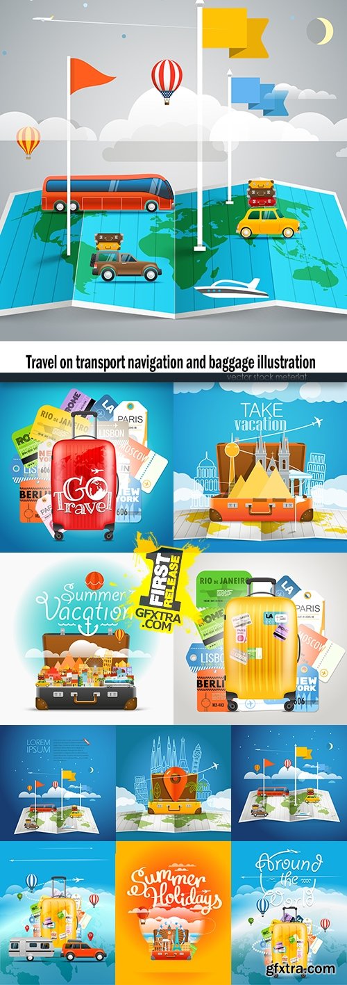 Travel on transport navigation and baggage illustration