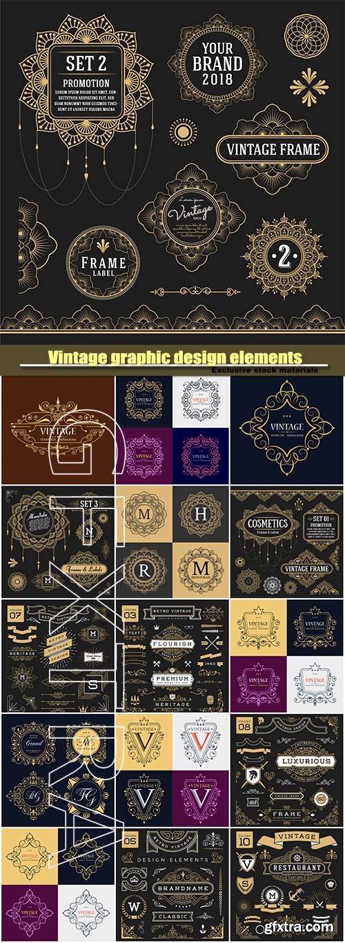 Set of vector retro vintage graphic design elements, frame, labels, logo symbols