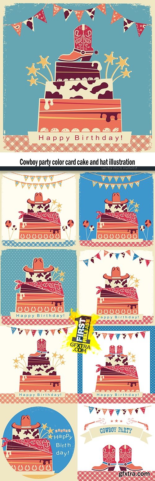 Cowboy party color card cake and hat illustration