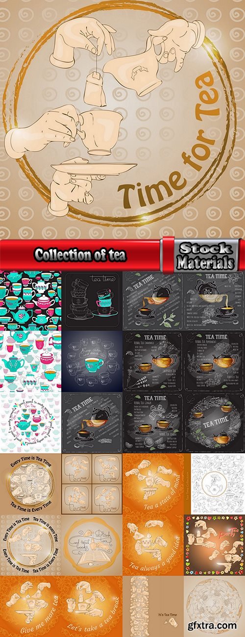Collection of tea drink boiling water menu restaurant cafe flyer banner postcard cover 25 EPS