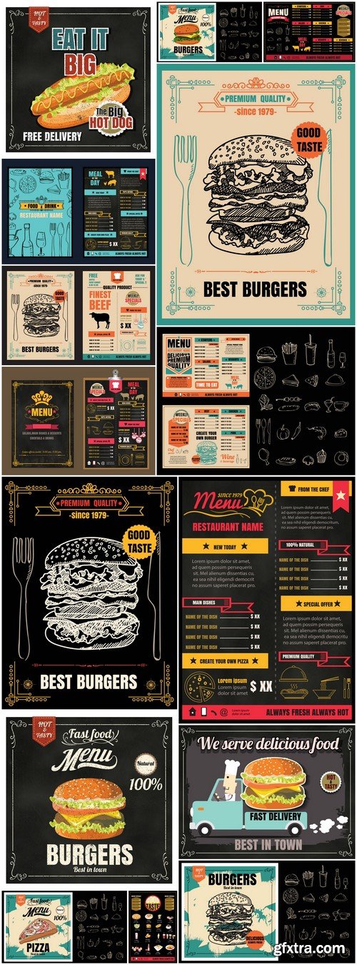 Restaurant Fast Foods menu on chalkboard 15X EPS