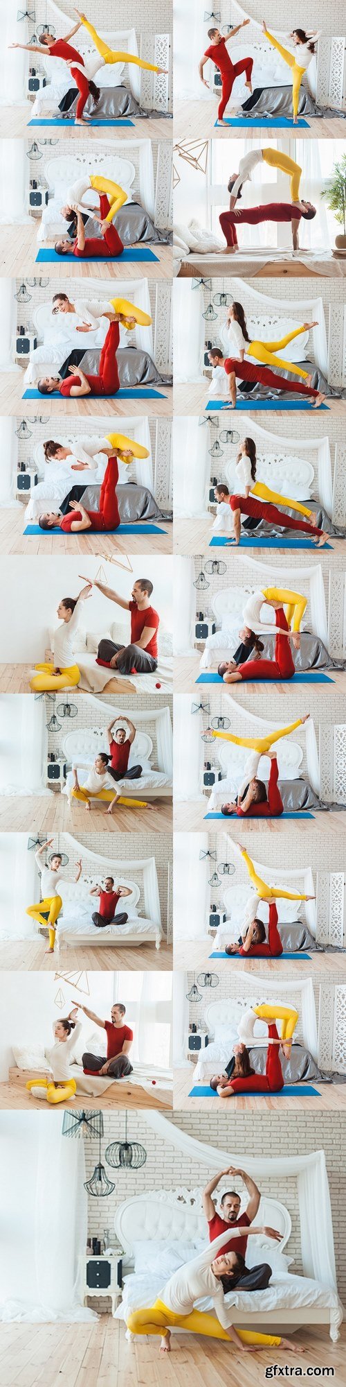 Man and woman practicing yoga, they trained at home