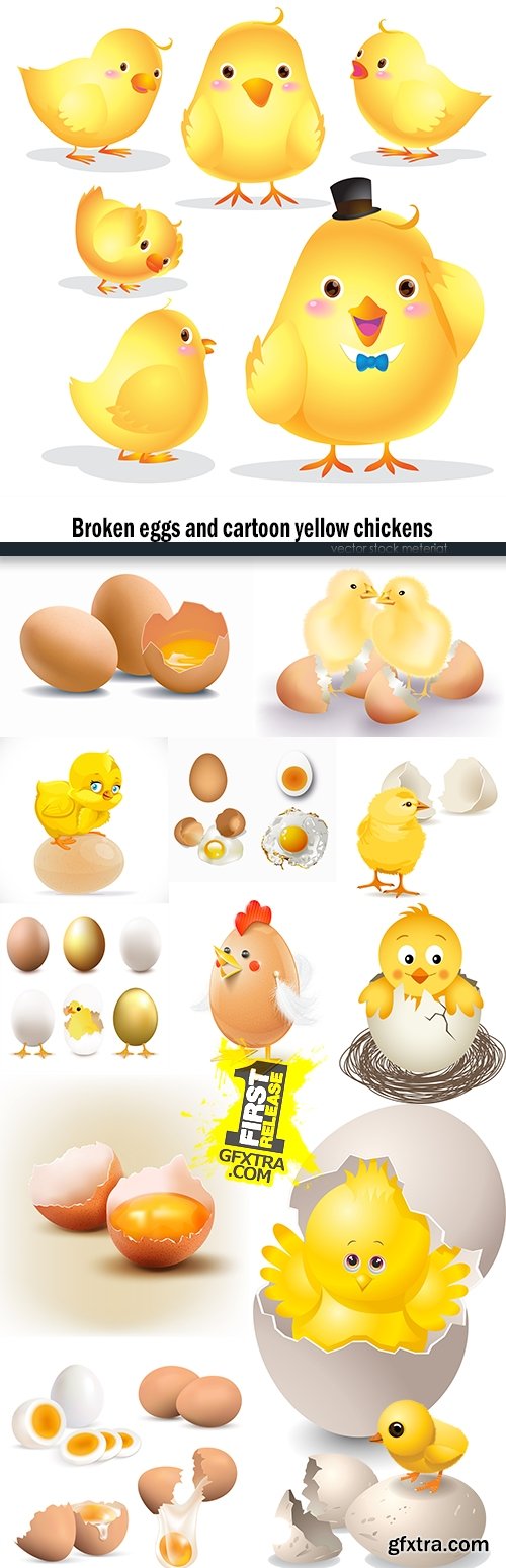 Broken eggs and cartoon yellow chickens