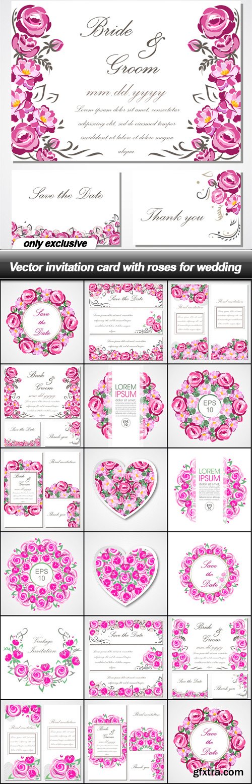 Vector invitation card with roses for wedding - 17 EPS