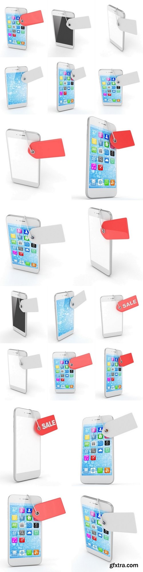 White smart phone with red price tag on white background. Identification, price, label. 3D rendering