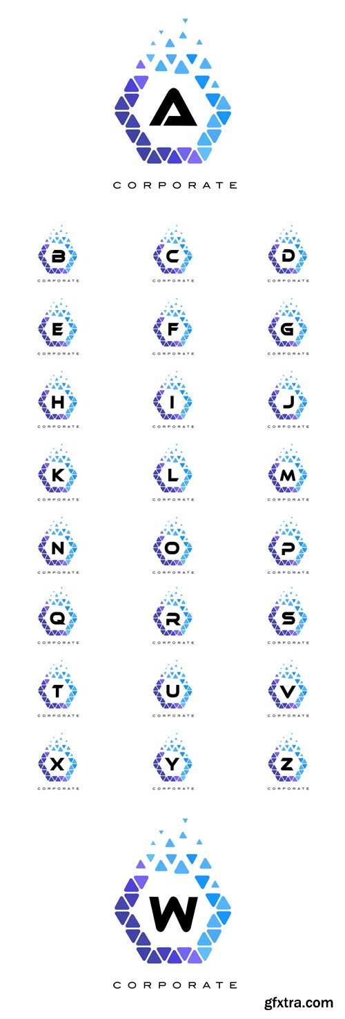 Vector Set - Blue Hexagon Letter Logos with Triangles