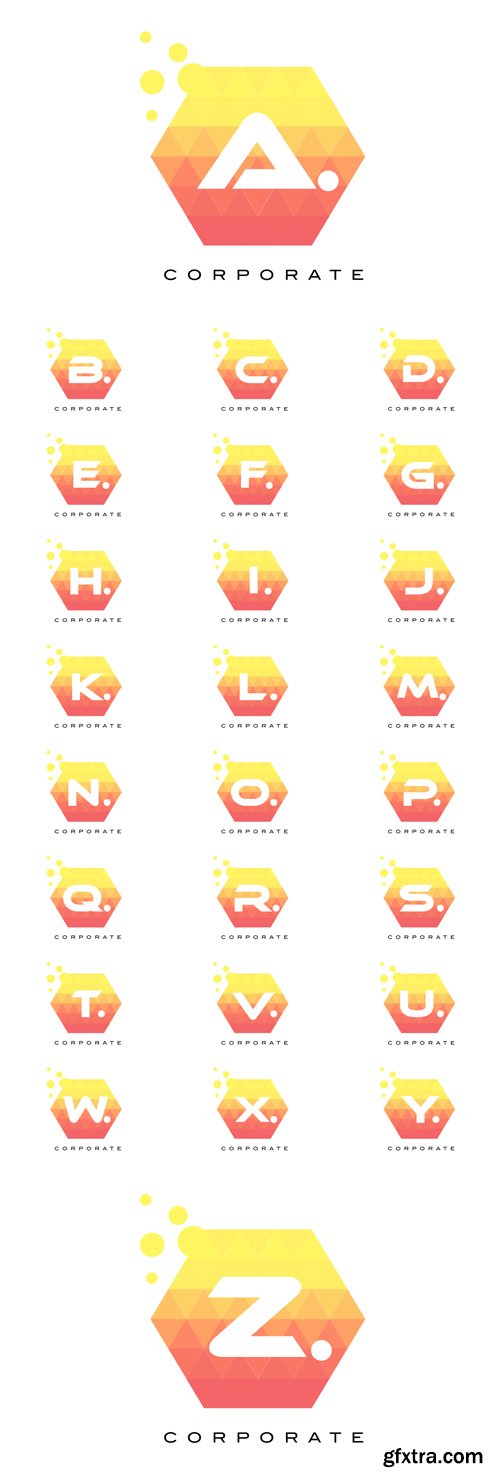 Vector Set - Orange Hexagon Shaped Letter Logos with Bubbles