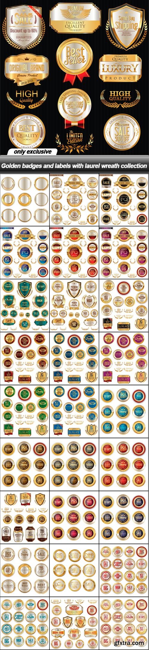 Golden badges and labels with laurel wreath collection - 28 EPS