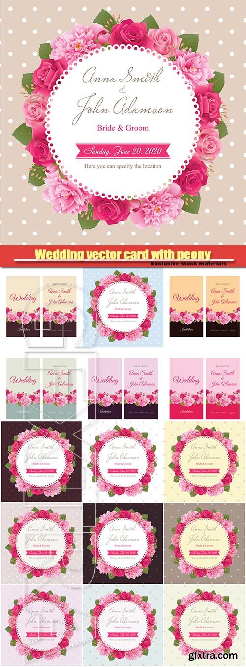 Wedding vector card with peony and pink roses