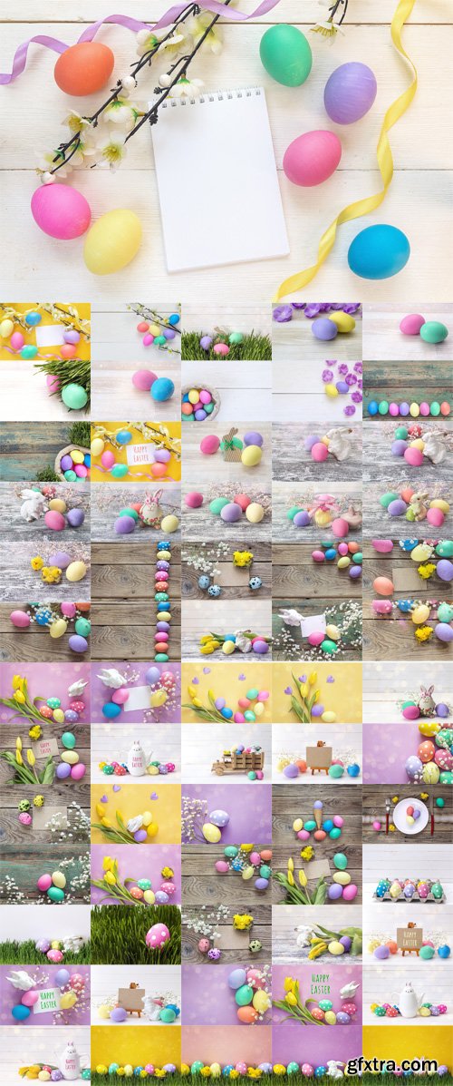 Photo Set - Easter Decorations with Message Happy Easter, Spotted eggs, Rabbit and Tulips