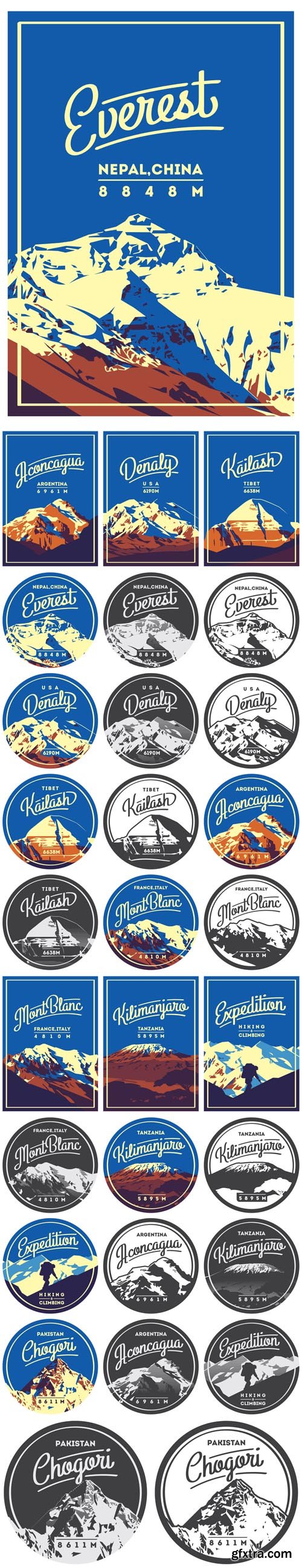 Vector Set - Extreme Outdoor Adventure Badges. High Mountains Illustrations