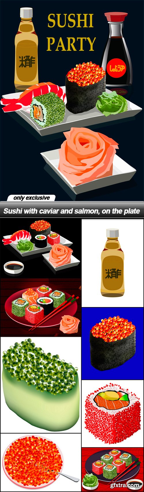 Sushi with caviar and salmon, on the plate - 9 EPS