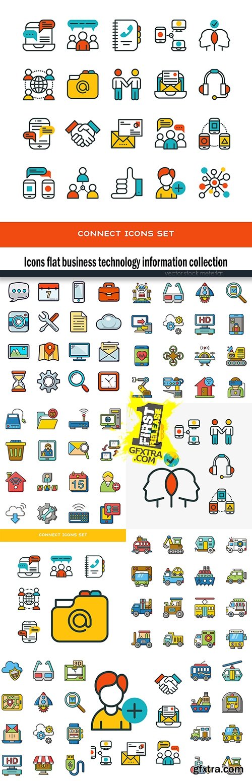 Icons flat business technology information collection