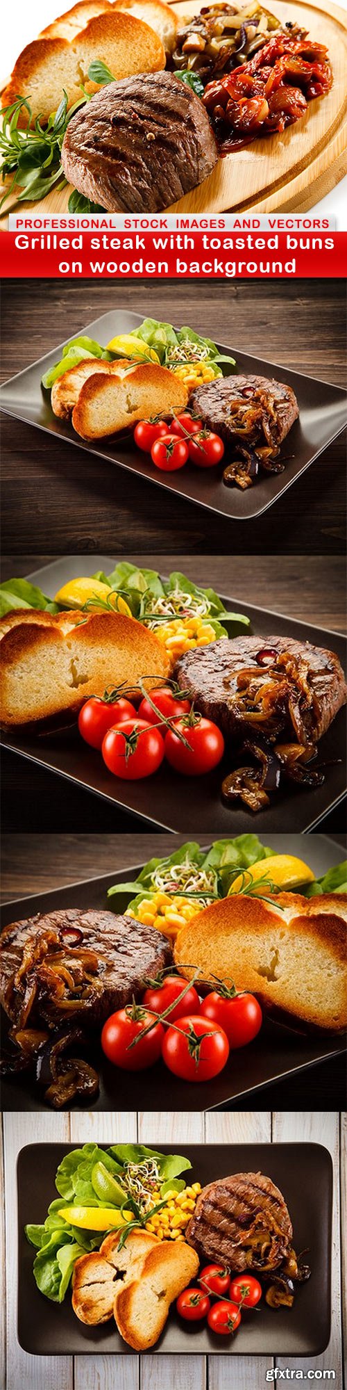 Grilled steak with toasted buns on wooden background - 5 UHQ JPEG