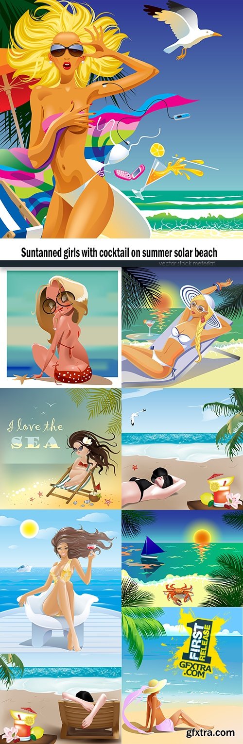 Suntanned girls with cocktail on summer solar beach