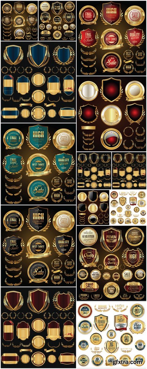 Golden sale shields laurel wreaths and badges collection 14X EPS
