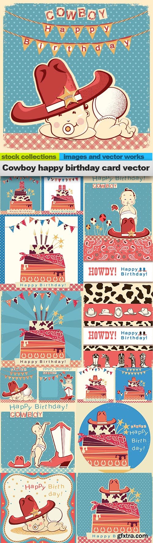 Cowboy happy birthday card vector, 15 x EPS