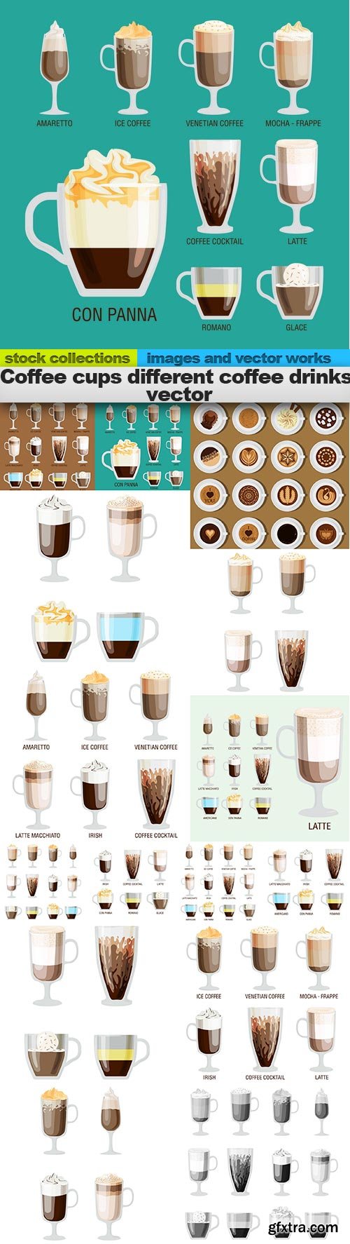 Coffee cups different coffee drinks vector, 15 x EPS