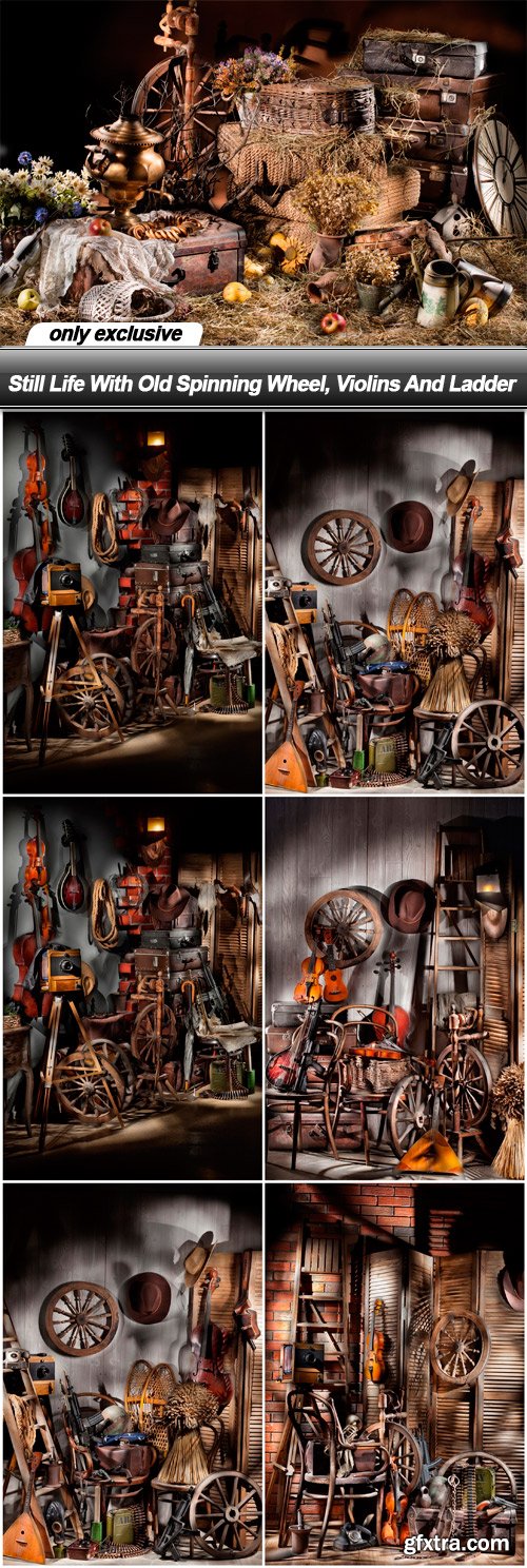Still Life With Old Spinning Wheel, Violins And Ladder - 7 UHQ JPEG