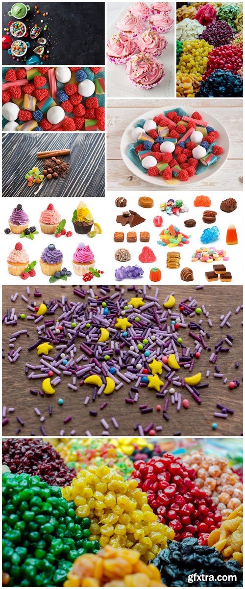 Collection of bright cupcakes and candy 10X JPEG