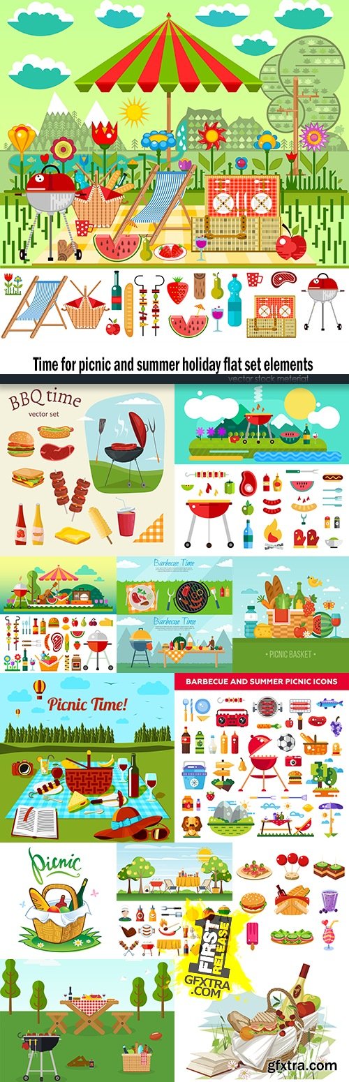 Time for picnic and summer holiday flat set elements