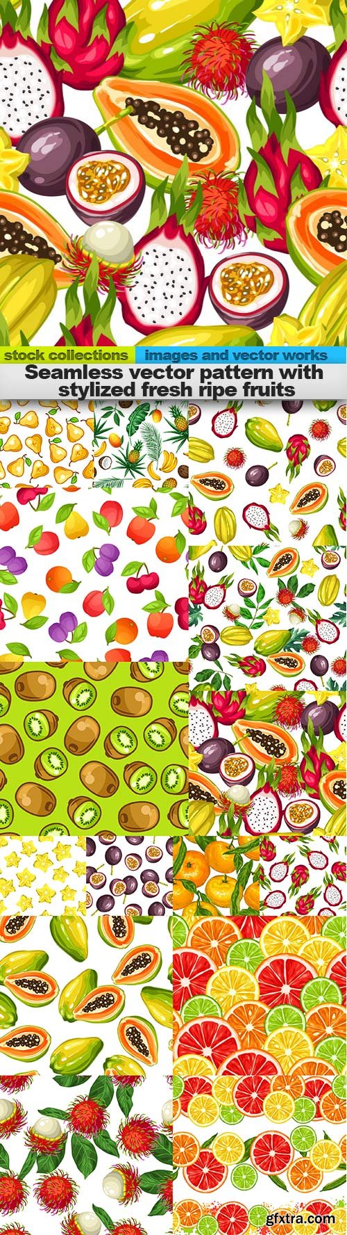 Seamless vector pattern with stylized fresh ripe fruits, 15 x EPS