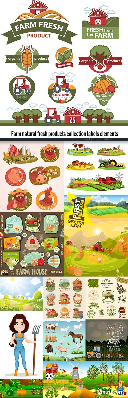 Farm natural fresh products collection labels elements