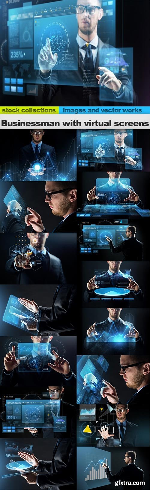Businessman with virtual screens, 15 x UHQ JPEG