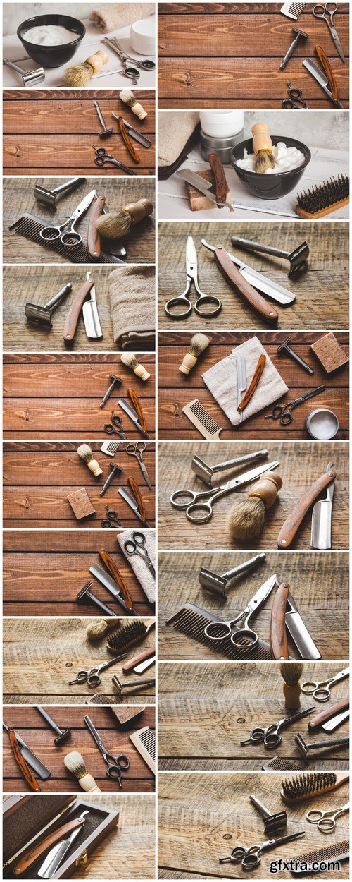 Tools for cutting beard barber shop on wooden background 18X JPEG