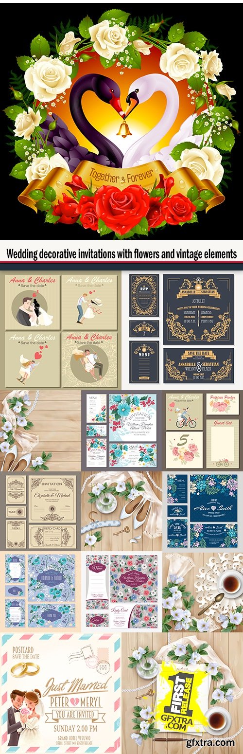 Wedding decorative invitations with flowers and vintage elements
