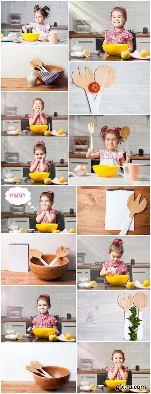 Сute little girl baker on kitchen with baking ingredients 15X JPEG