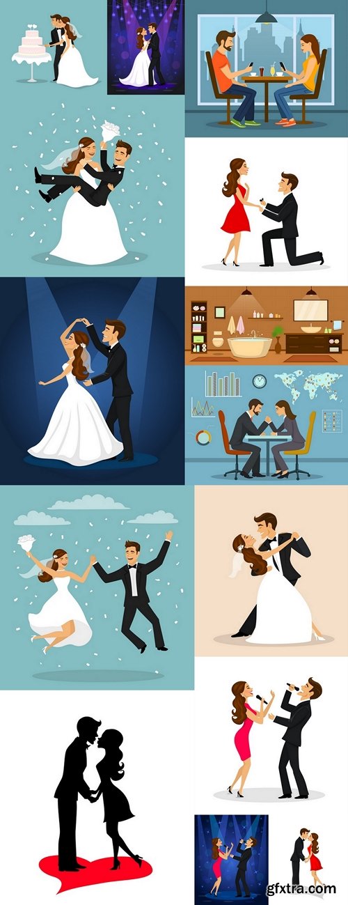 Just married happy couple bride and groom hugging each other vector illustration 2