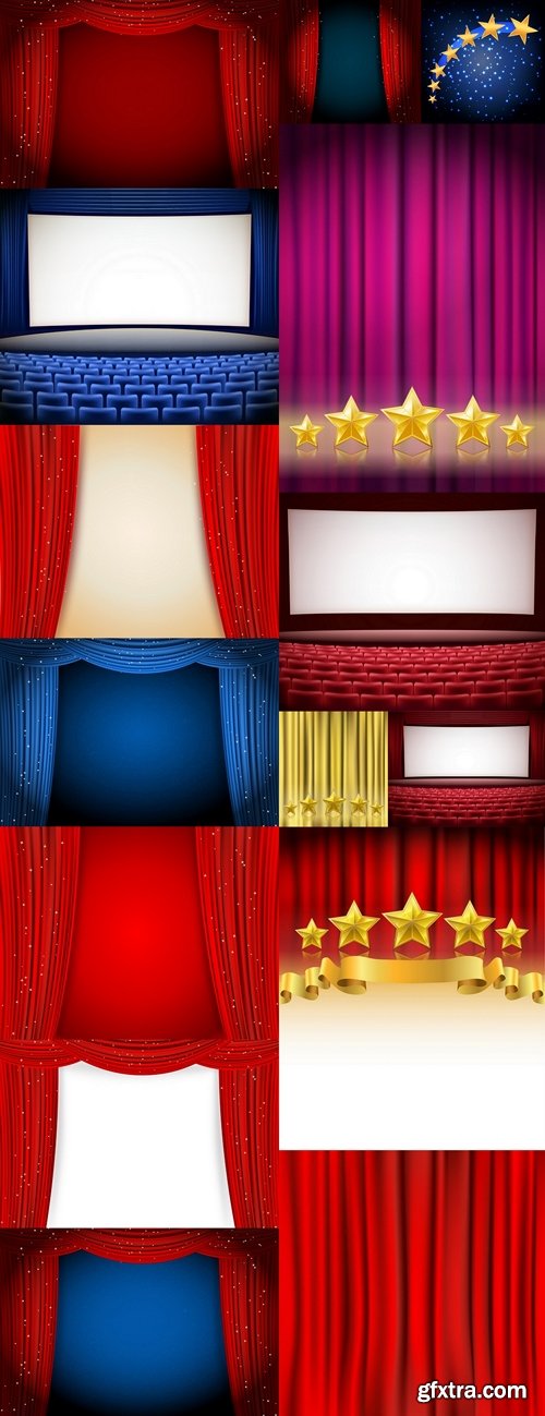 Open red curtains with glittering stars background 3