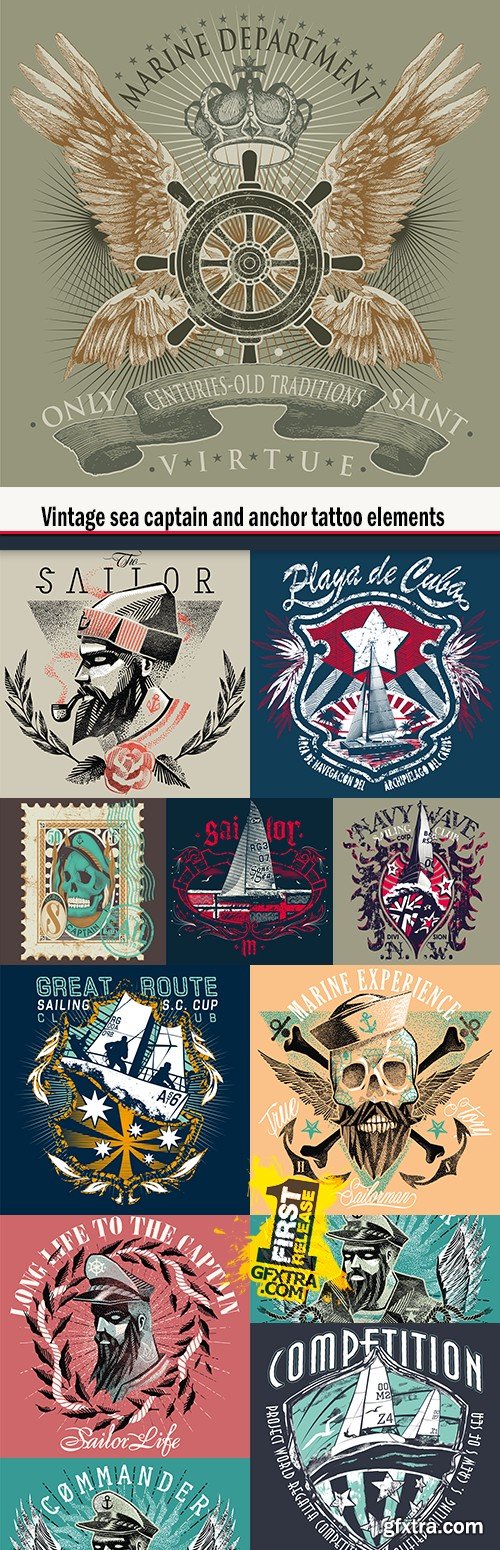Vintage sea captain and anchor tattoo elements