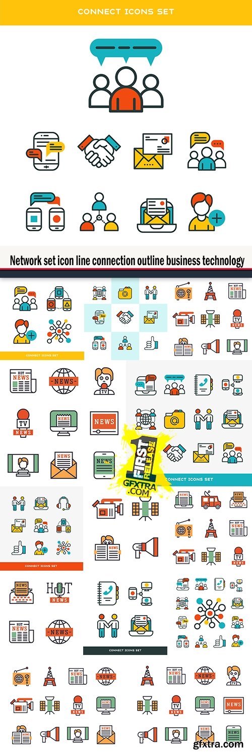 Network set icon line connection outline business technology