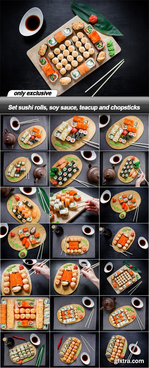 Set sushi rolls, soy sauce, teacup and chopsticks - 21 UHQ JPEG