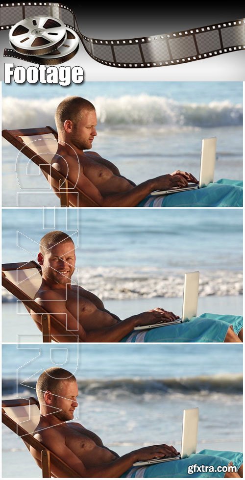 Video footage Attractive man using laptop on the beach
