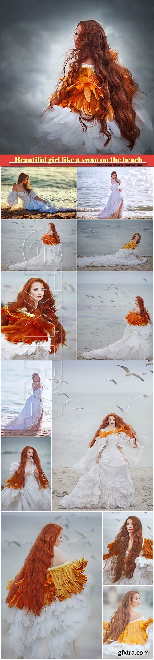 Beautiful girl like a swan on the beach