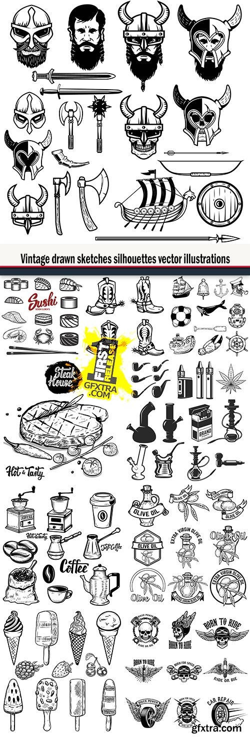 Vintage drawn sketches silhouettes vector illustrations