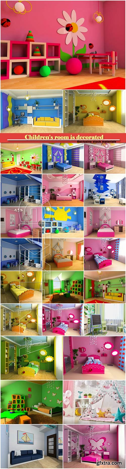 Children\'s room is decorated in pink, blue and green tones